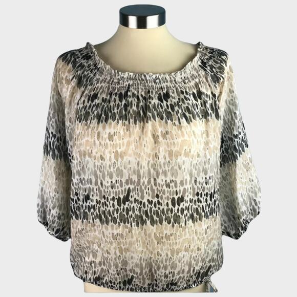 Loft Womens XS Elastic Neck Animal Print Peasant Blouse Black Tan - Picture 1 of 8